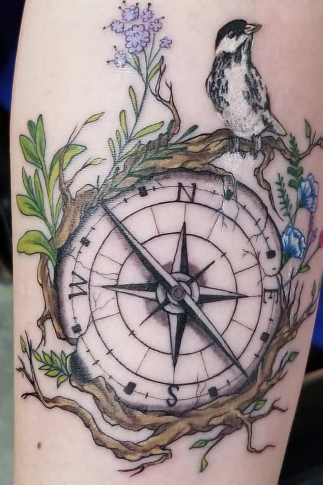Compass Tattoo Design With Nature Accents 