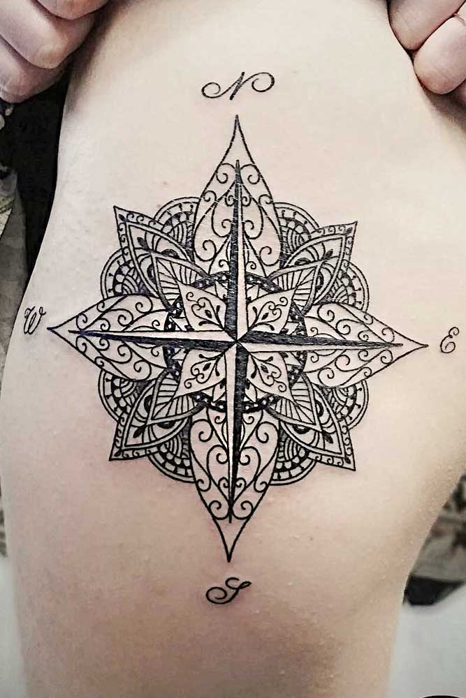 compass tattoo thigh mandala