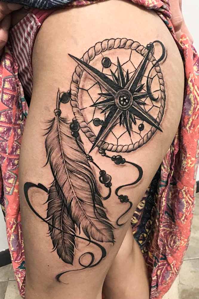 Big Black And White Compass Tattoo With Feathers #thightattoo #feathertattoo