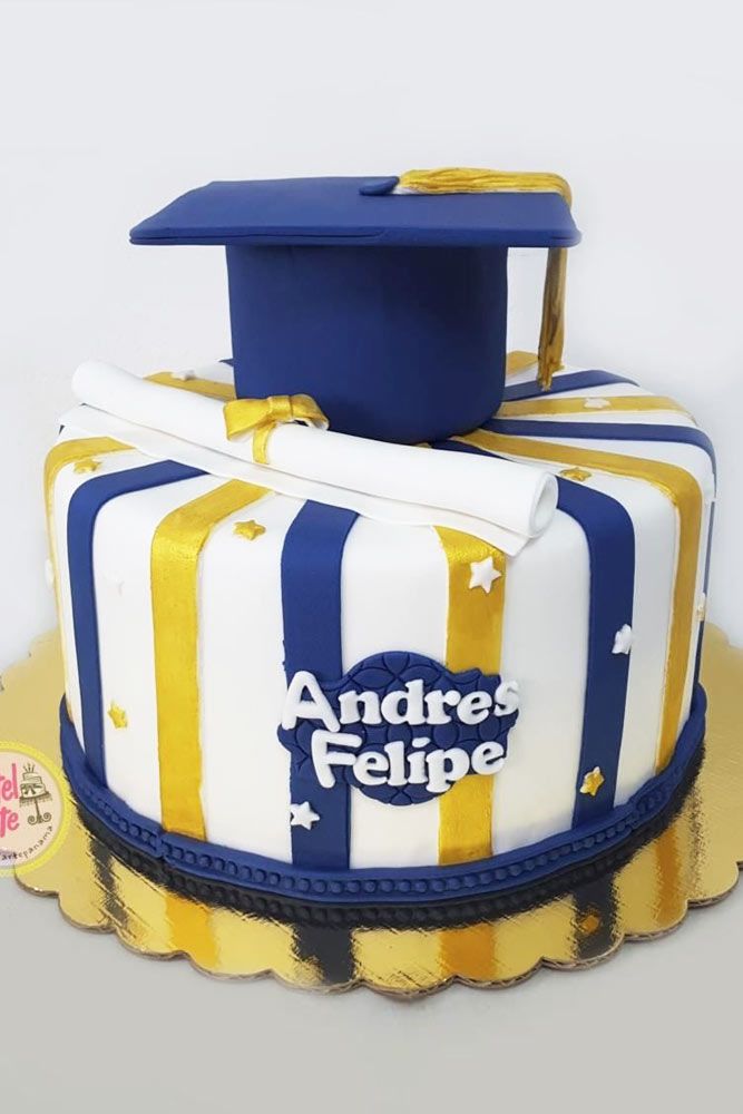 Striped Blue And Yellow Graduation Cake #blueyellowcakecolors #hatcake
