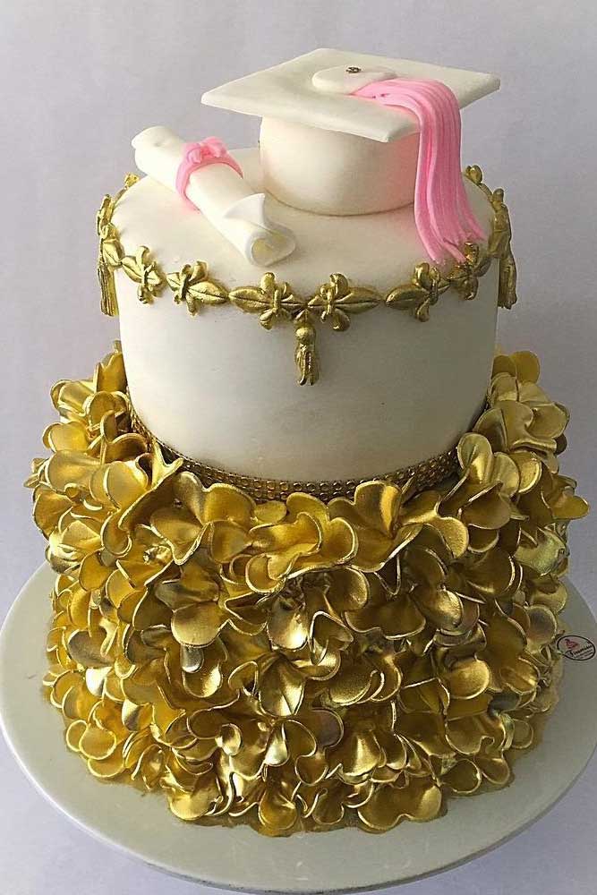 White And Gold Graduation Cake For Girl #whitegoldcake #twotierscake