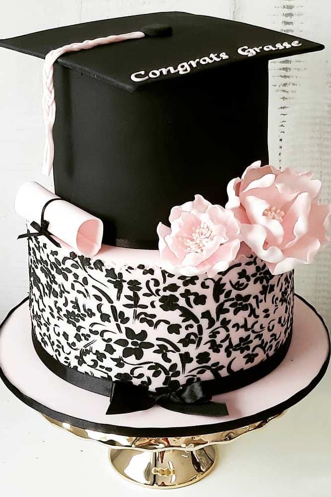 Black And Pink Graduation Cake With Floral Decorations #floralcakedecor