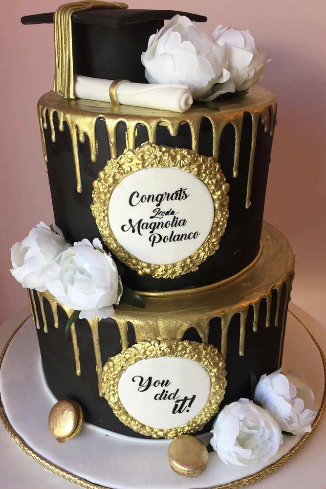 Two Tiers Black And Gold Grad Cake #flowers #blackgoldcake