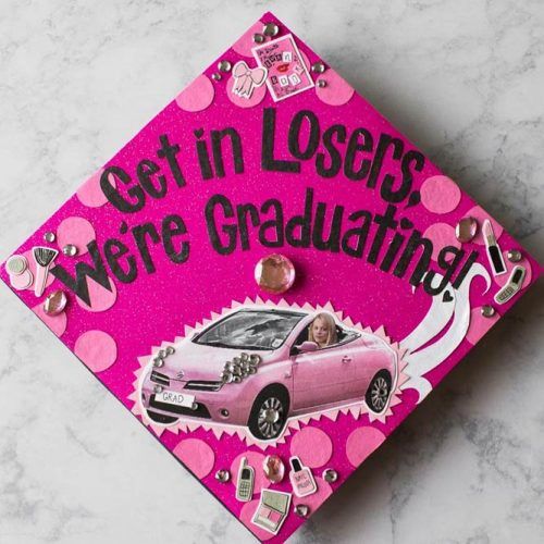 Pink Graduation Cap With Mean Girls Quotes #meangirlsquotes #pinkgraduationcap