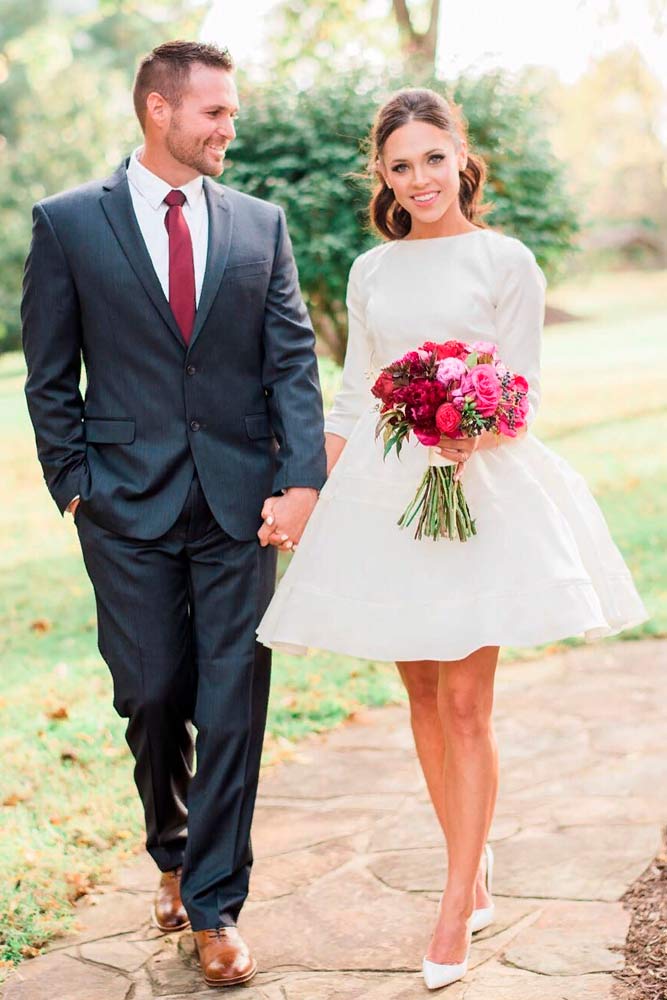 Simple Satin Short Dress With ¾ Sleeves #satinweddingdress #simpleweddingdress