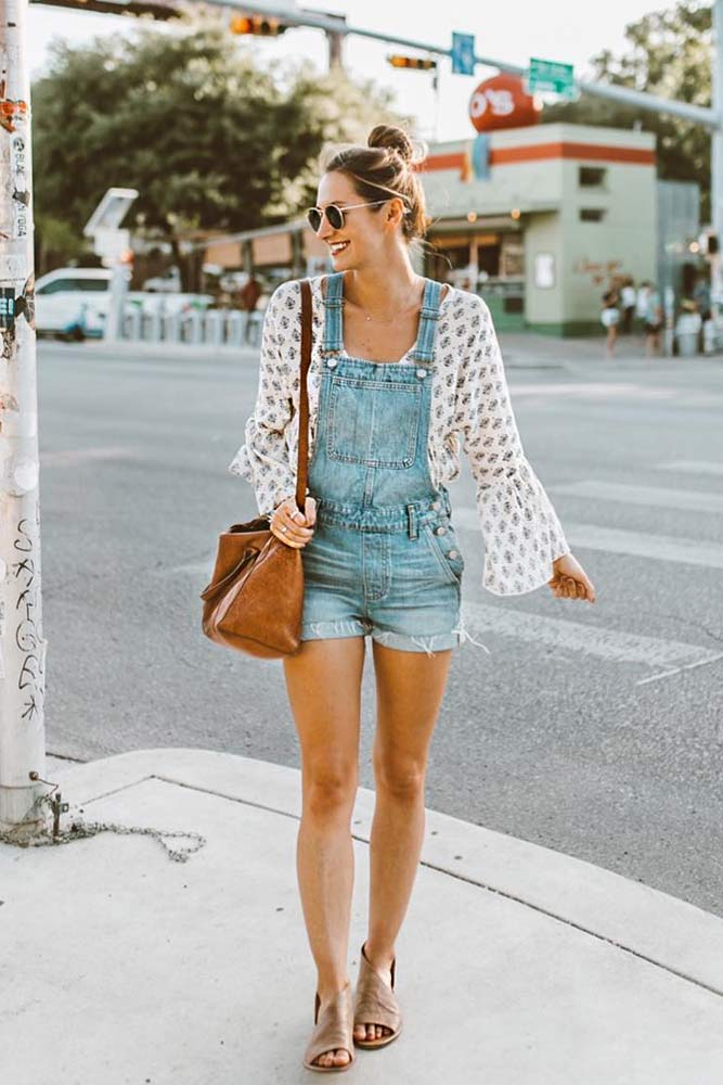 Short Denim Overalls With Bell Sleeve Top #bellsleevetop