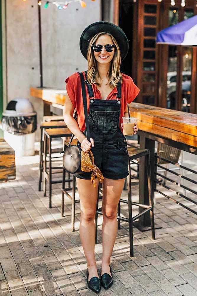 Black Overalls Outfits With Accented Red Blouse #blackoveralls #blackhat