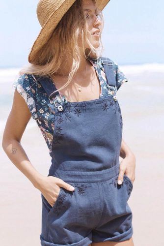 Blue Overalls With Floral Shirt And Hat 