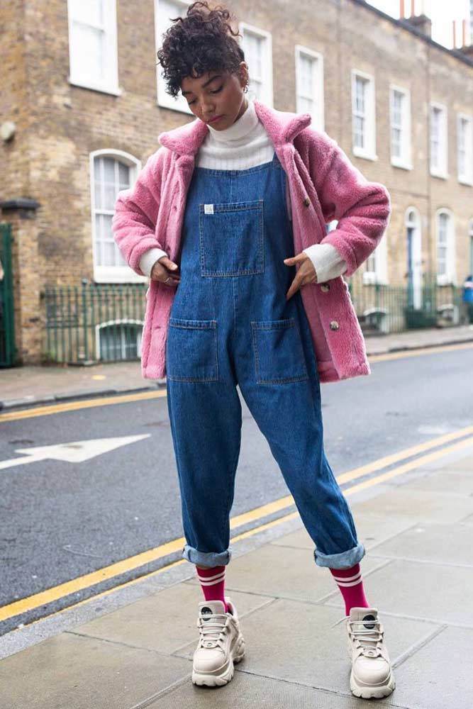 Liberty Overalls With Turtleneck And Pink Accented Coat #pinkcoat #libertyoveralls