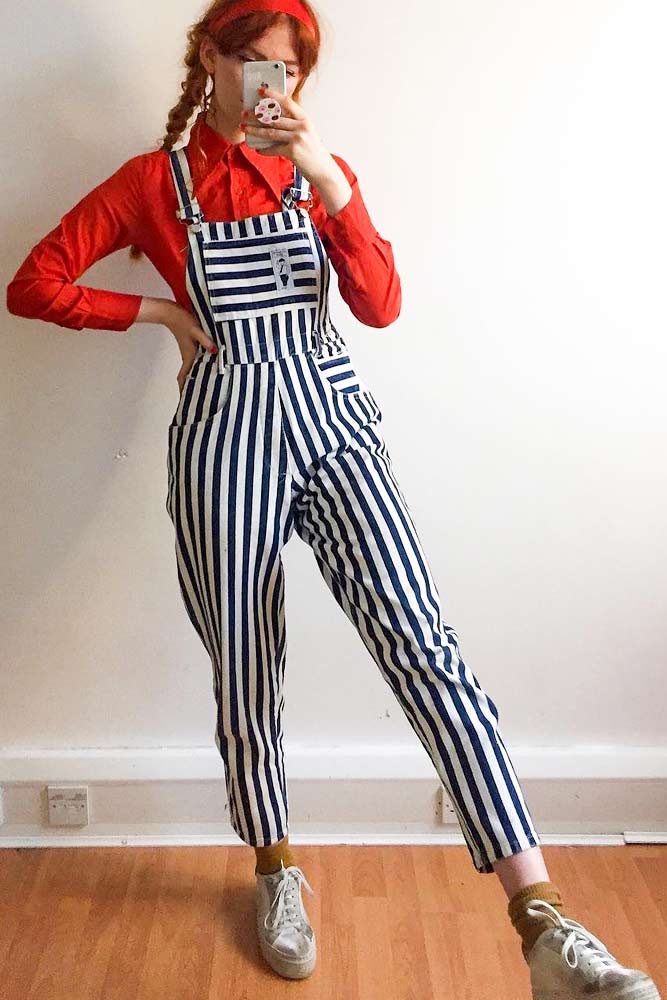 Striped Overalls With Red Shirt #stripedoveralls