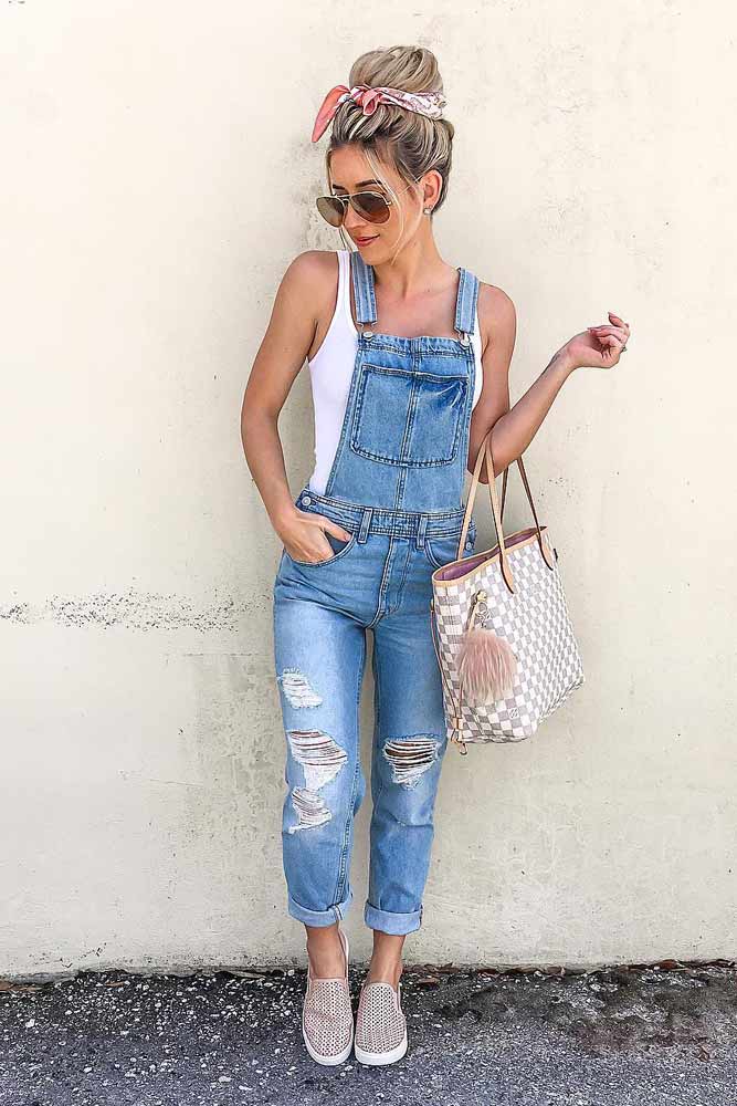 Ripped Denim Overalls With Tank Top #rippedoveralls