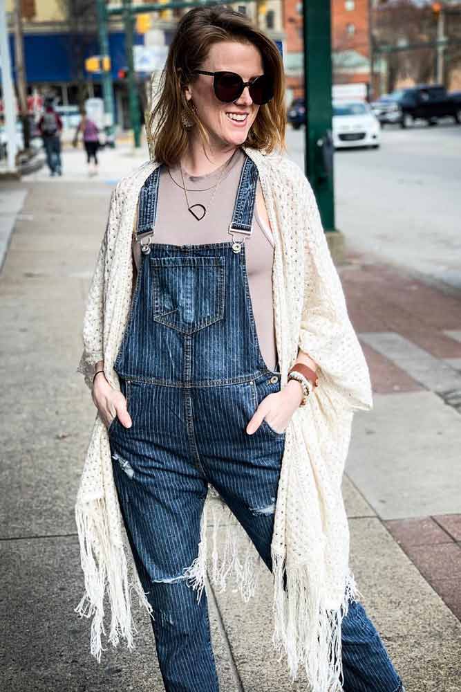 Denim Overalls With Fringe Cardigan Over #fringecardigan