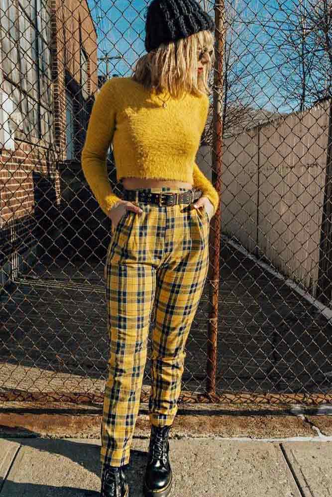Yellow Slim Straight Pants With Crop Top Outfit #croptop #yellowplaidpants