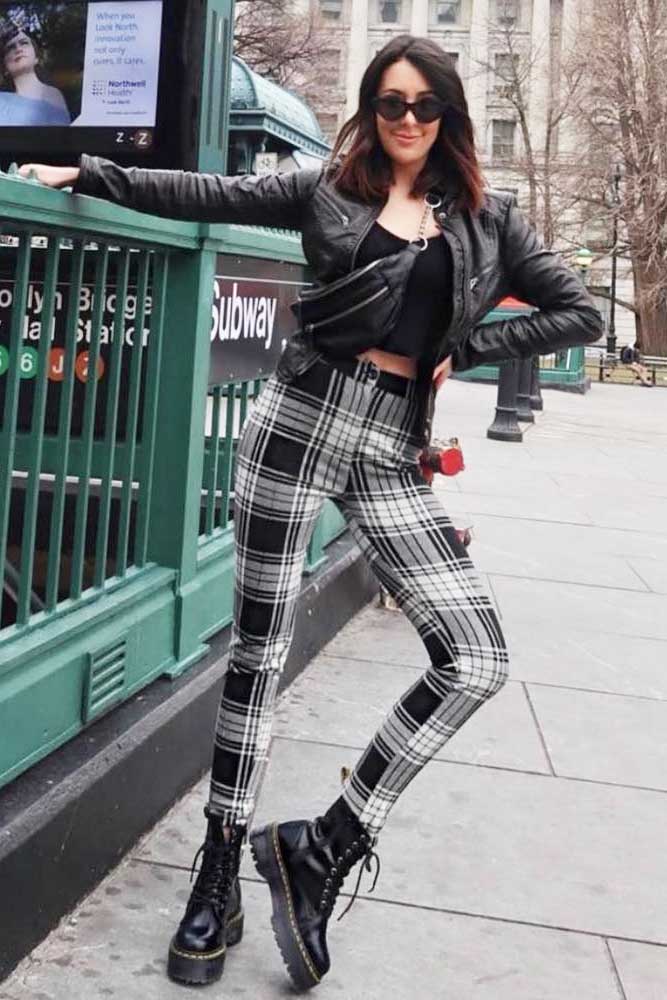 Skinny Plaid Pants With Moto Jacket #skinnypants #motojacket