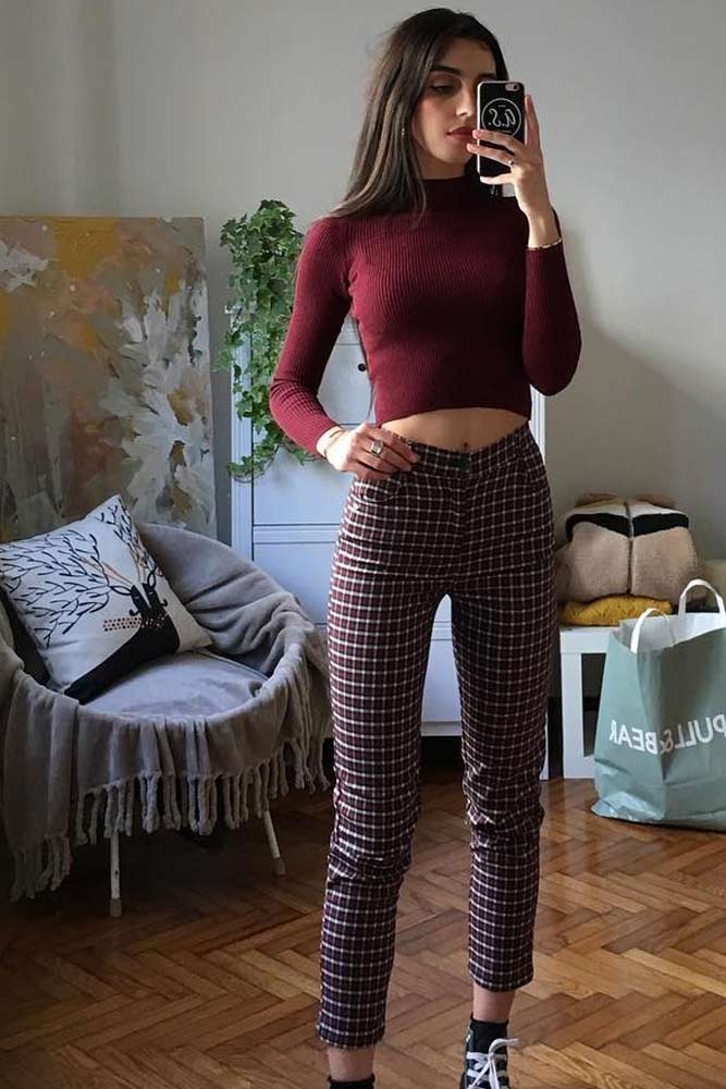 Crop Plaid Pants With Burgundy Top Outfit #burgundypants