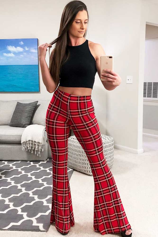 Flare Red Plaid Pants With Black Top Outfit #redplaidpants