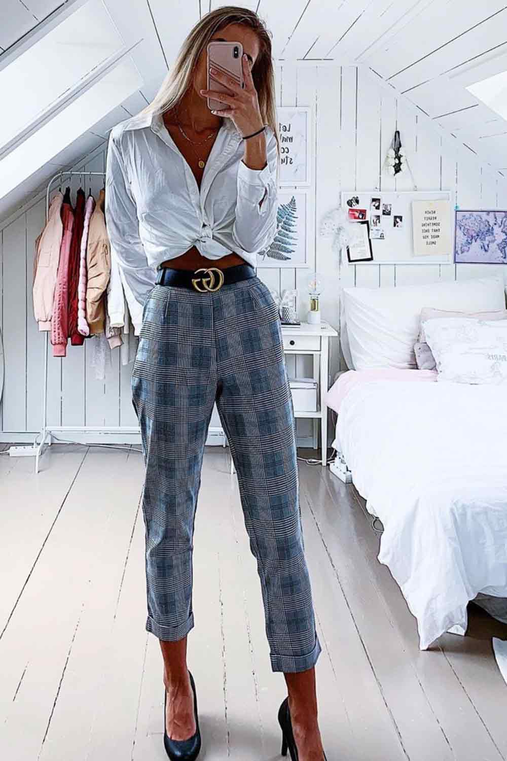 blue and white plaid pants