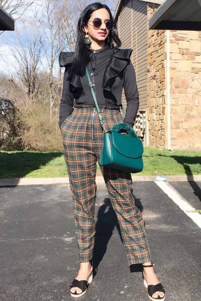 Classic Outfit With Plaid Pants And Black Blouse #blouse #greenbag