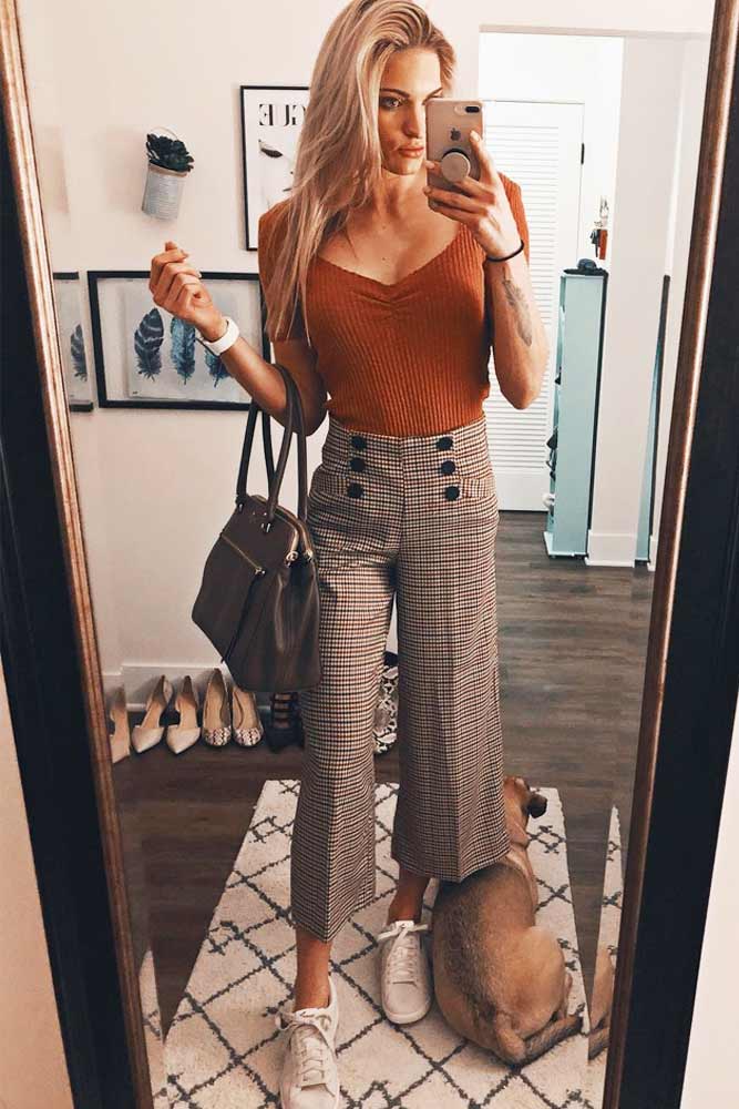 Crop Wide Leg Pants With Simple Top Outfit #cropplaidpants