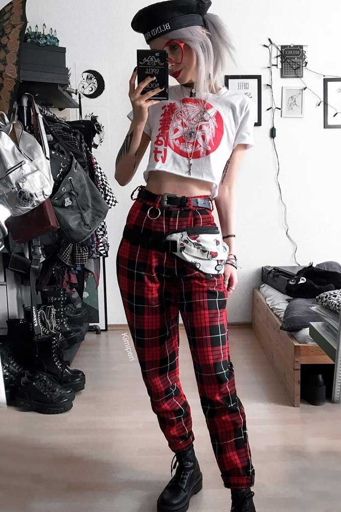 Plaid Pants With Crop Top And Grunge Boots Outfit #grungestyle #redpants