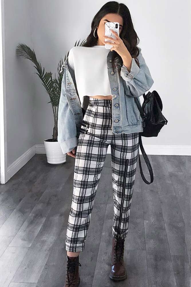 Plaid Fly-Front Slim Leg Pants