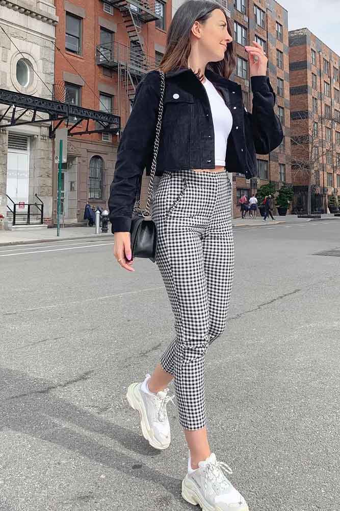 plaid pants white top velvet jacket crop