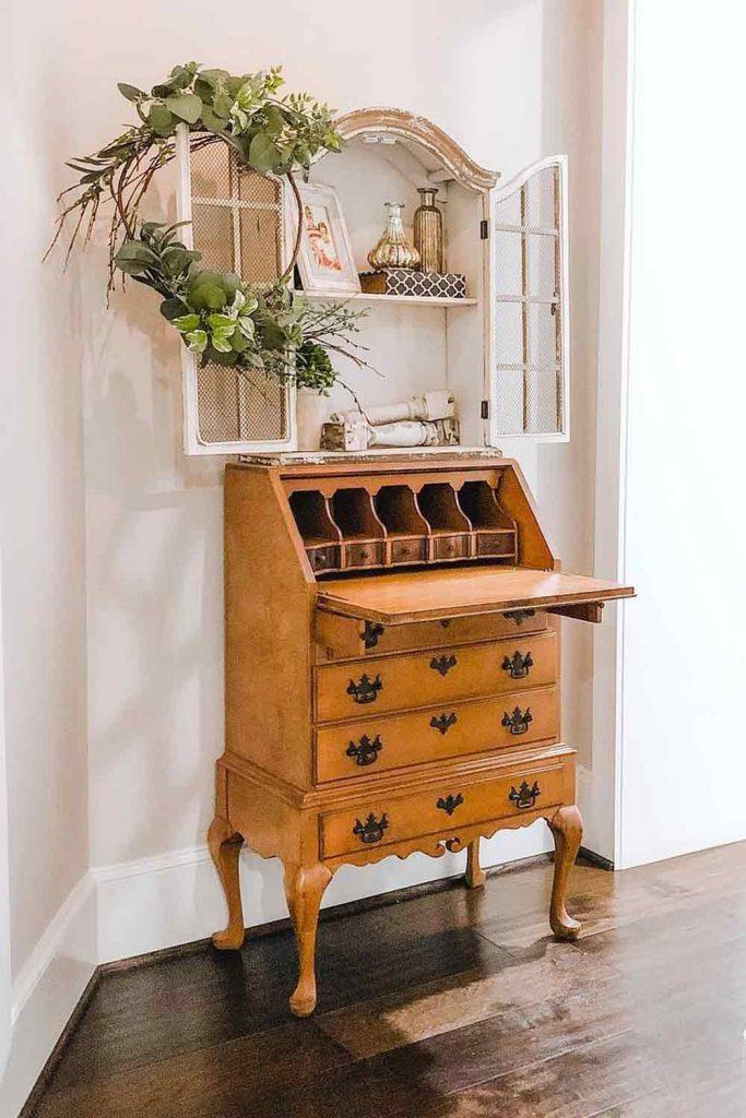 Antique Secretary Desk With Distressed White Window Cabinet #antiquesecretarydesk