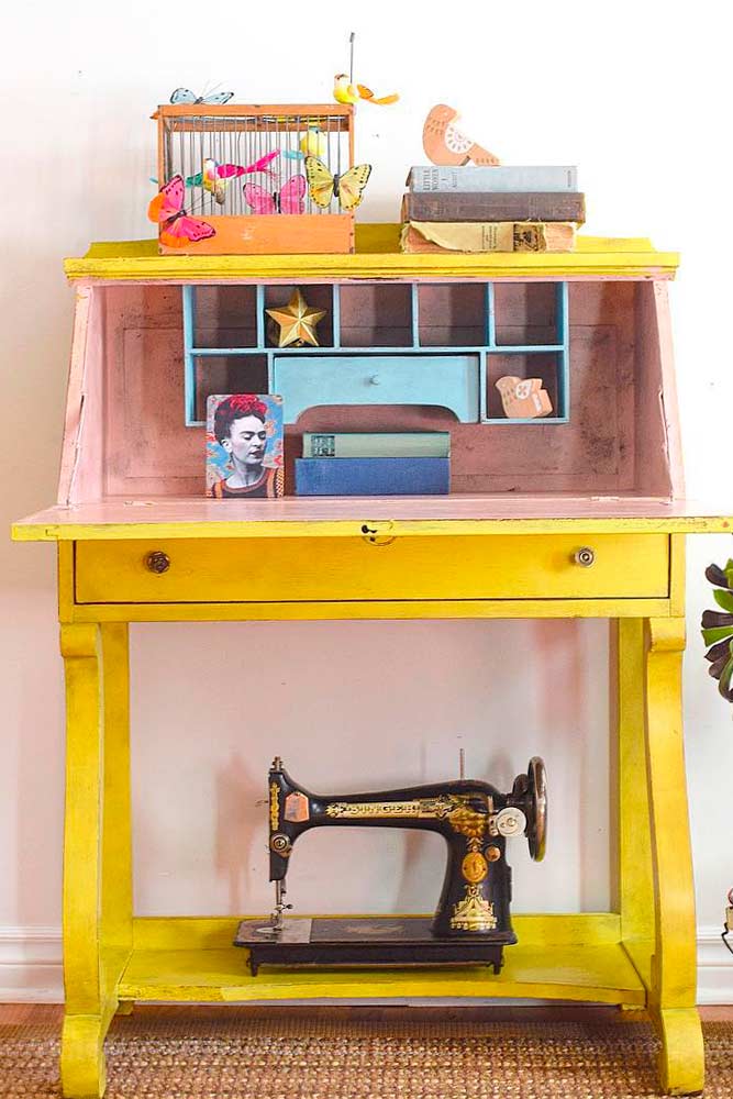 Retro Yellow Painted Secretary Desk #yellowsecretarydesk #smallsecretarydesk