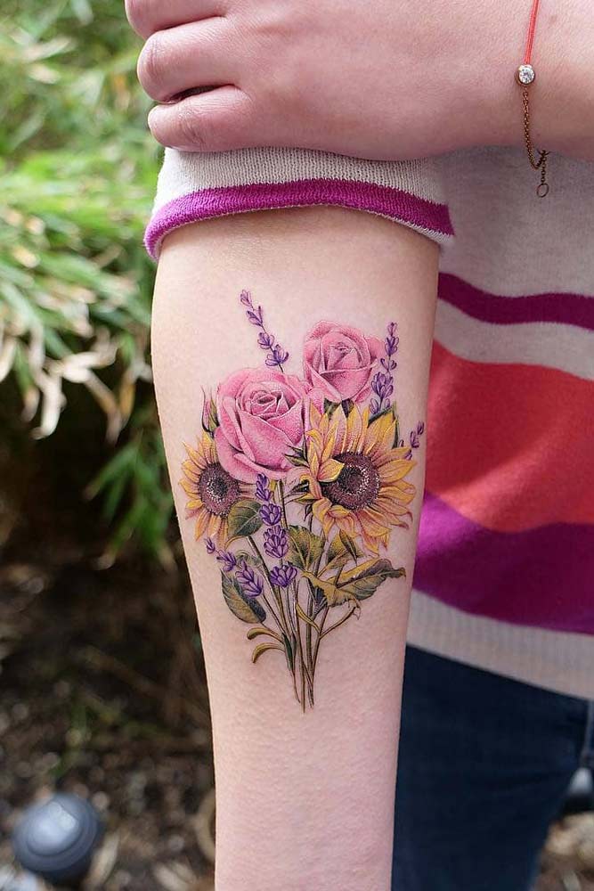 Flower Bouquet With Sunflowers #bouqettattoo #floraltattoo