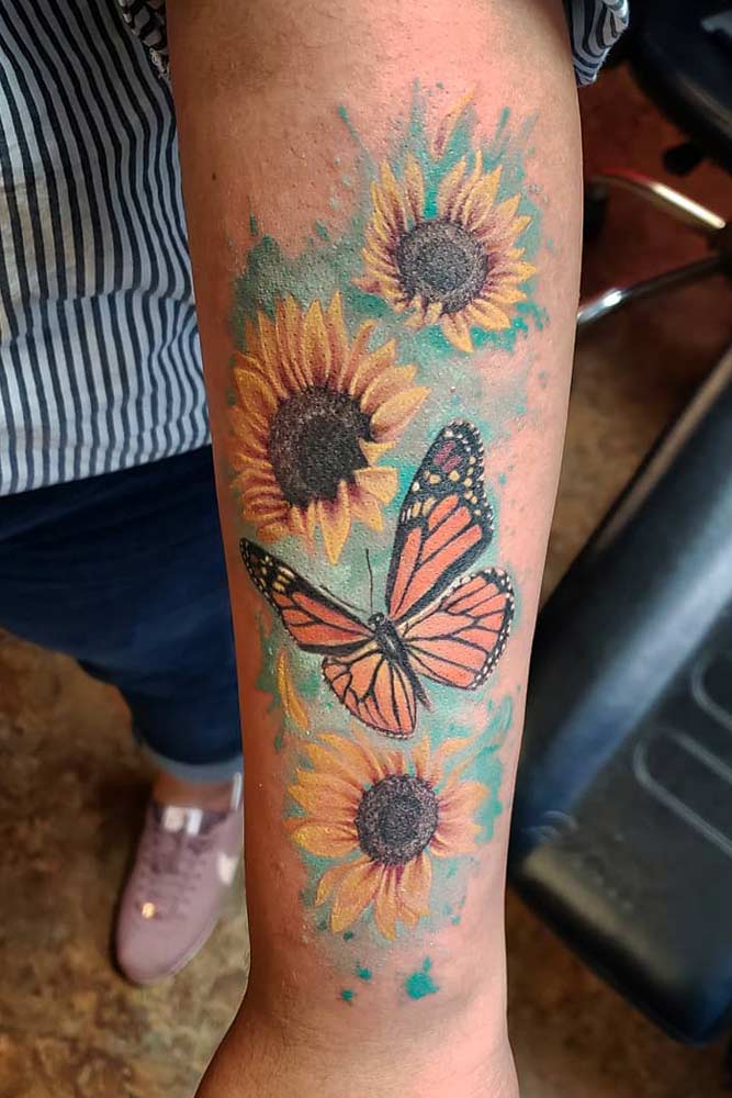 Watercolor Sunflowers With Butterfly #butterflytattoo