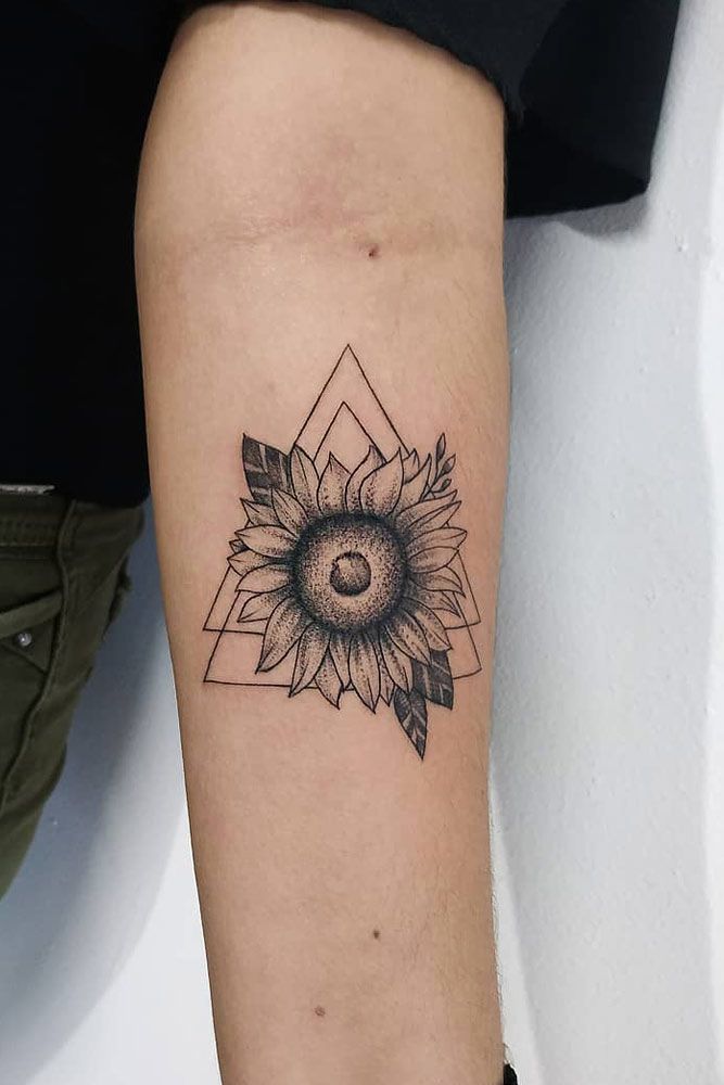 Geometric Black And White Sunflower Tattoo Design #geometrictattoo #forearmtattoo