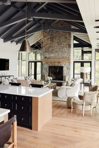 Rustic Living And Dinner Space With Vaulted Ceiling In Black Colors #blackbeams #kitchen