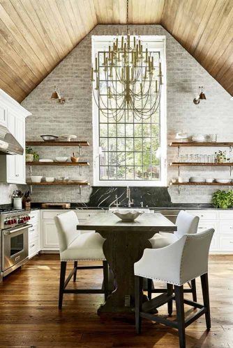 Modern Kitchen With Rustic Walls And Vaulted Ceiling #rusticstyle #kitchen