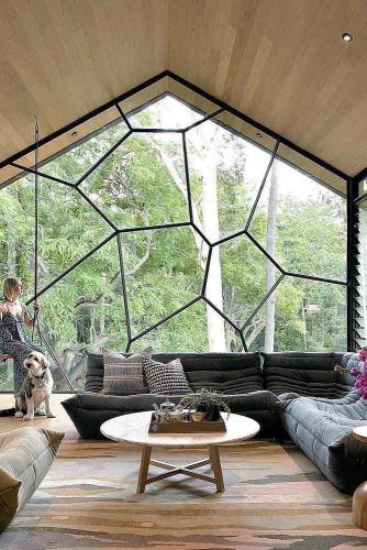 Modern Living Room With Wood Vaulted Ceilings #largewindows