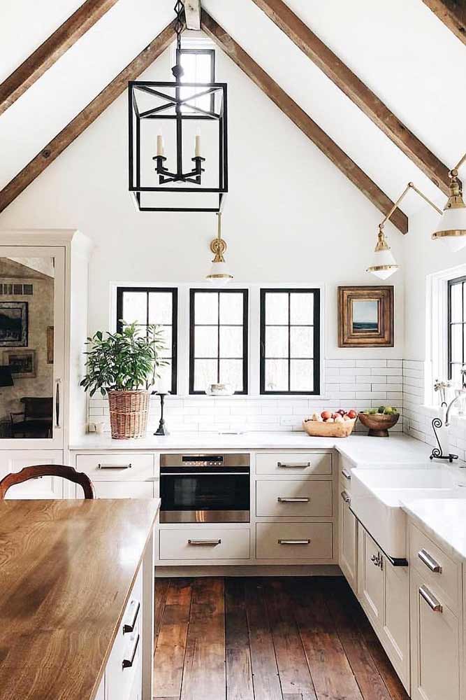 18 Vaulted Ceiling Designs That Deserve Your Attention   Vaulted Ceiling White Color Kitchen Wooden Beams 