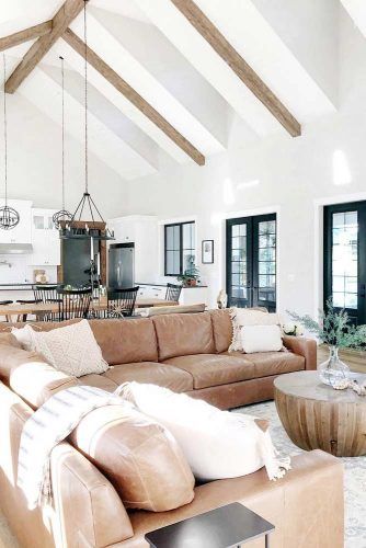 Living Room With White And Wood Beams #whitelivingroom #woodbeams