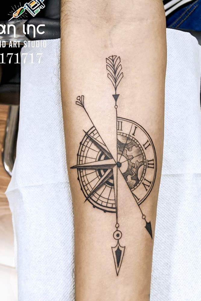 Half Clock Half Compass Tattoo Idea #compasstattoo #clocktattoo