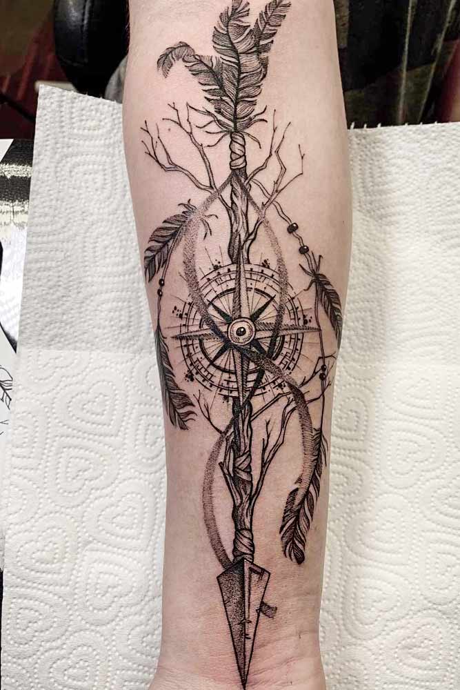 Arrow Compass Tattoo Idea With Nature Theme #naturetattoo #compasstattoo