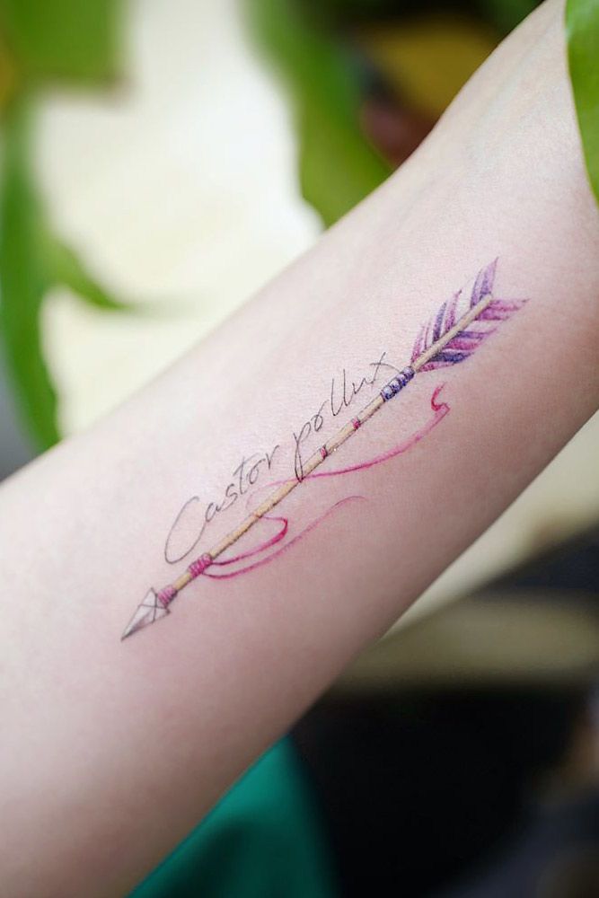 Watercolor Arrow Tattoo With Lettering #letteringtattoo #watercolortattoo
