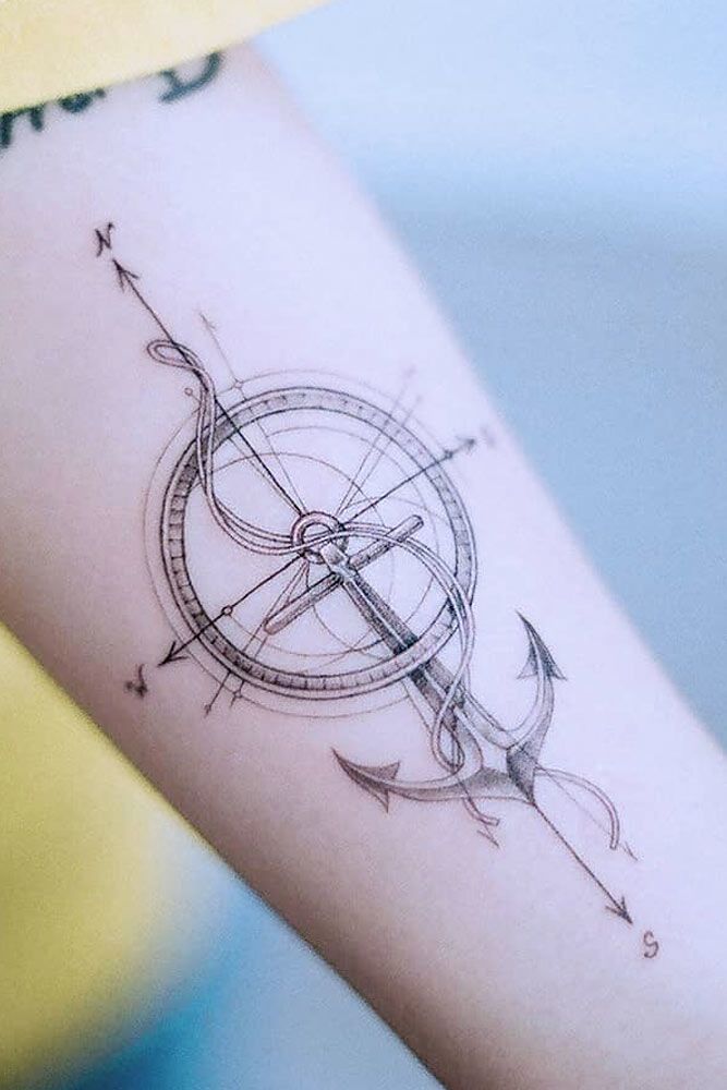 Compass Arrows Tattoo Design With Anchor #compasstattoo #anchortattoo