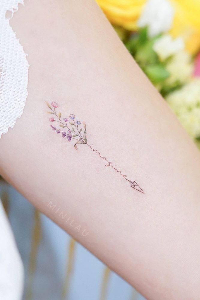 Small Watercolor Arrow Design With Lettering #letteringtattoo #flowertattoo