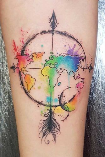 World Map Tattoo Design With Compass Arrow #watercolortattoo #rainbowtattoo