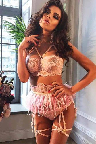 Pink Lingerie Set With Feather Belt #belt #stripedbra
