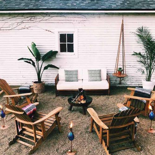 Simple Cozy Backyard Area #woodenchairs #metalfirepit