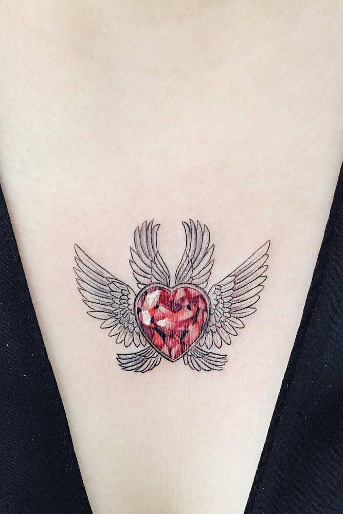 Crystal Heart Tattoo With Wings #sternumtattoo