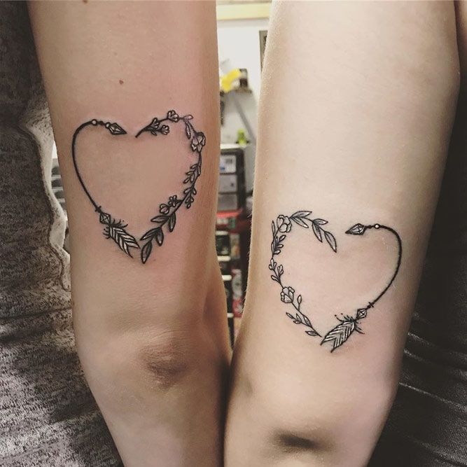 Matching Heart Tattoos With Flowers And Arrow #matchingtattoo #coupletattoo