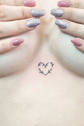 Sternum Heart Tattoo With Flowers #sternumtattoo
