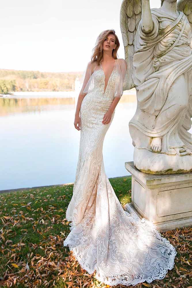 Sheer Sleeves Wedding Mermaid Dress #sheersleeves #weddingdress