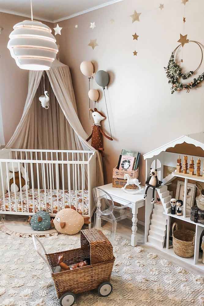 Nursery Idea In Neutral Color With Canopy Accent #walldecor #stars