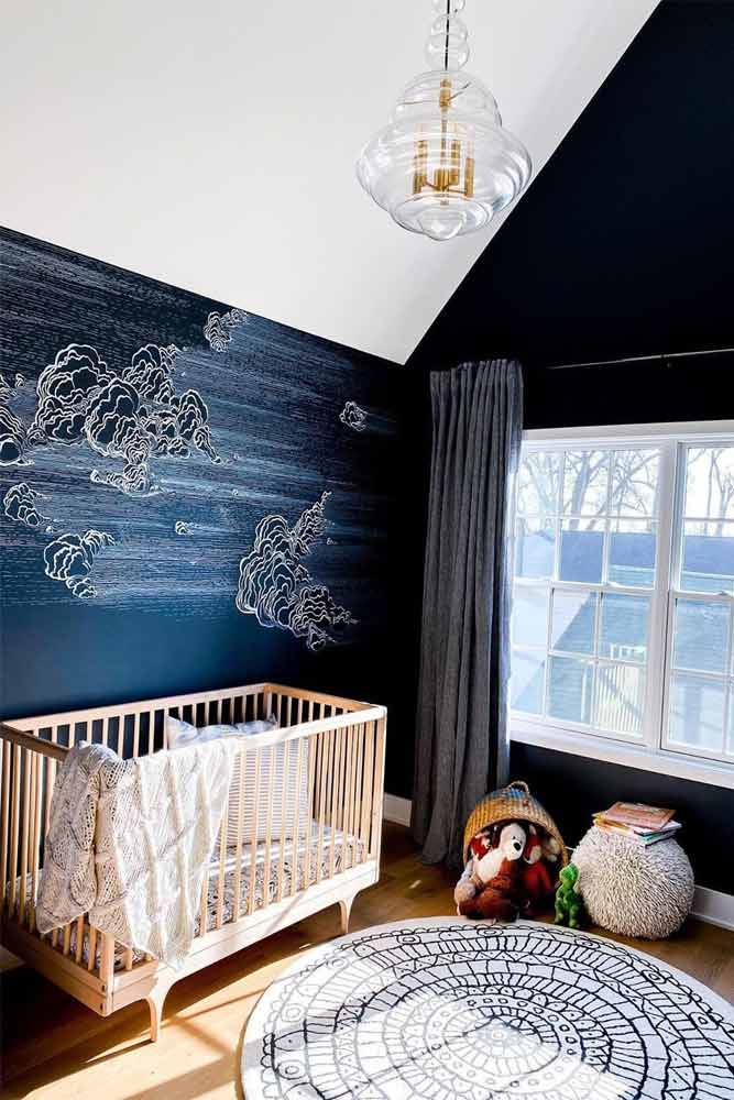 Nursery Design With Deep Blue Wall #woodencrib #deepbluewall